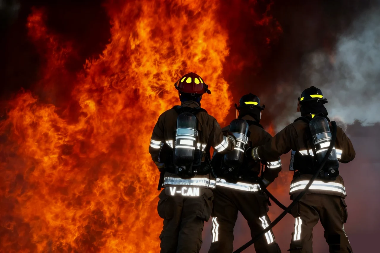 Three firefighters wearing protective clothing with bright reflective stripes in front of a fire